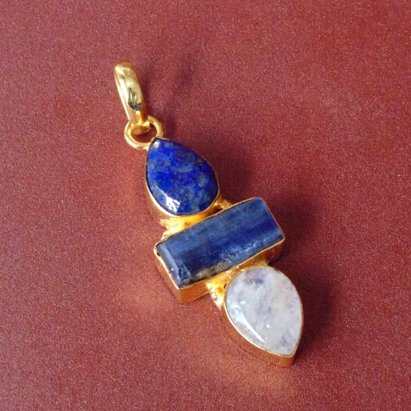 Wholesale Price Natural 18K Yellow Gold Plated Lapis Lazuli, Blue Kyanite And Rainbow Moonstone Birthstone Pendant