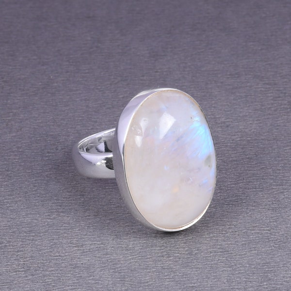 925 Sterling Silver Ring, Bezel Set Ring, Genuine Rainbow Moonstone Ring, Oval Shape Ring, June Birthstone Jewelry, Statement Ring For Women