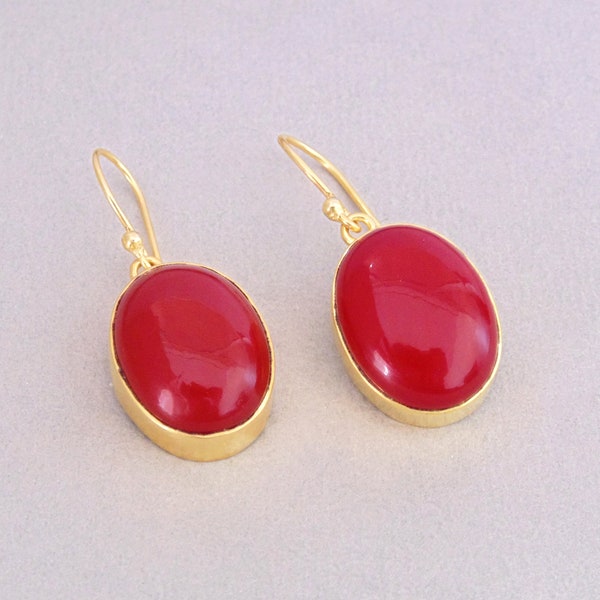 18K Gold Plated Earrings, Red Coral Earrings, Oval Stone Earrings, Bezel Set Earrings, Cabochon Earrings, Best Jewelry Wholesaler