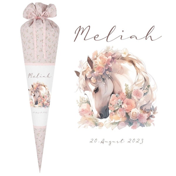 Personalisierte Zuckertüte Stoff Schultüte Mädchen Pferd Pony Rosa Name Einschulungstüte Einschulung Datum Blumen Füllkissen 70 cm Schimmel
