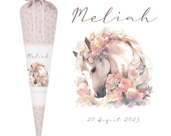 Personalisierte Zuckertüte Stoff Schultüte Mädchen Pferd Pony Rosa Name Einschulungstüte Einschulung Datum Blumen Füllkissen 70 cm Schimmel