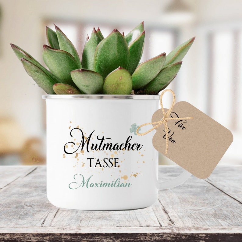 Mutmacher Tasse Geschenk zur Motivation, Emailletasse mit Geschenkanhänger Bild 4