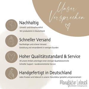 Peut inclure: Un graphique avec le texte "Unser Versprechen" et quatre ic&ocirc;nes repr&eacute;sentant les valeurs de l'entreprise&nbsp;: durabilit&eacute;, livraison rapide, haute qualit&eacute; et fabrication artisanale en Allemagne. Le texte "Manufaktur Liebevoll" est &eacute;galement inclus.