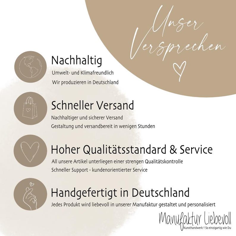 Peut inclure: Un graphique avec le texte "Unser Versprechen" et quatre ic&ocirc;nes repr&eacute;sentant les valeurs de l'entreprise&nbsp;: durabilit&eacute;, livraison rapide, haute qualit&eacute; et fabrication artisanale en Allemagne. Le texte "Manufaktur Liebevoll" est &eacute;galement inclus.