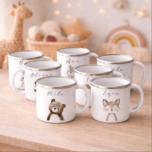 Taza infantil personalizada con nombre, taza esmaltada con motivo animal, regalo para nacimiento, bautizo, cumpleaños, taza infantil zorro oso conejo