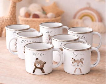 Gepersonaliseerde kindermok met naam, emaille mok met dierenmotief, cadeau voor geboorte, doop, verjaardag, kindermok met vos, beer en konijn