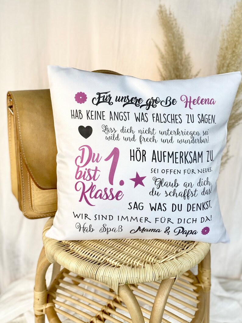 Geschenk Einschulung Kissen Personalisiert Schulkind Geschenkidee Einschulungsgeschenk Mädchen Jungen, Manufaktur Liebevoll Bild 1