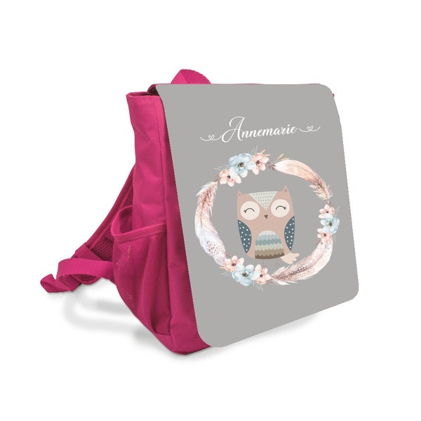 Geschenk für Mädchen, Kinderrucksack in Pink mit Name des Kindes, Motiv Boho Eule
