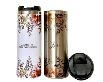 Thermobecher Personalisiert Name Spruch Floral Edelstahl I Kaffeebecher to go I Geschenk Frau Sie Boho | 2 Farben zur Auswahl