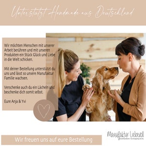 May include: Two women and a dog are smiling. The text on the image reads "Unterstutzt Handmade aus Deutschland" and "Wir freuen uns auf eure Bestellung". The text also reads "Manufaktur Liebevoll Kunsthandwerk So einzigartig wie Du".