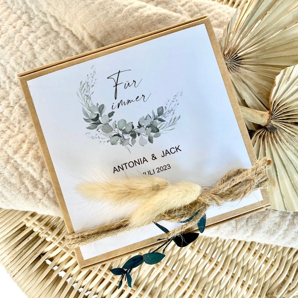 Geschenkschachtel Hochzeit Personalisiert Geldgeschenk Hochzeitskarte Jutesack Geschenkbox Trauung Eukalyptus Box mit Deckel Boho Verpackung