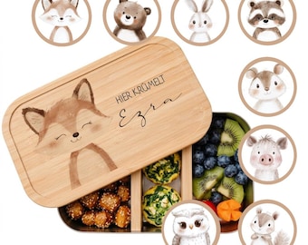 Portapranzo personalizzato con animali del bosco e nome, adatto a bambini dell'asilo o della scuola, porta colazione per bambine e bambini, regalo perfetto per l'inizio della scuola o per una nascita.