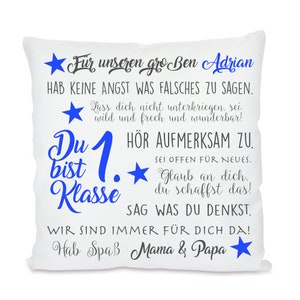 Einschulung Geschenk Kissen Personalisiert Einschulung Mädchen Junge Schulanfang Schulkind Schulstart Rosa und Blau Manufaktur Liebevoll Blau