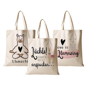 Stoffbeutel Lama Stofftasche Spruch Llamasté, Lächle... anspucken, Love ist Llamazing, No drama Lama | Geschenk Einkauf Manufaktur Liebevoll