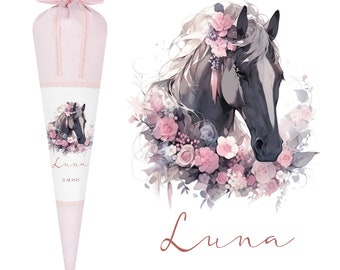 Pferde Zuckertüte Stoff Pony Rosa Mädchen Name Schultüte personalisiert Einschulungstüte Einschulung Datum Blumen Füllkissen 70 cm