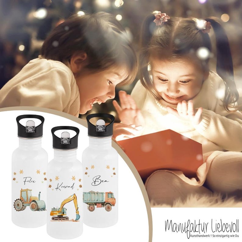May include: Three white stainless steel water bottles with black lids and personalized names. Each bottle features a different construction vehicle graphic: a tractor, an excavator, and a dump truck. The bottles are arranged in a row on a white surface.