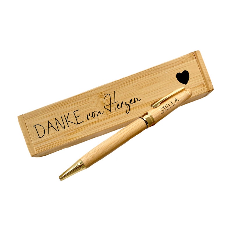 Cadeau de remerciement stylo à bille personnalisé avec étui bois nom bambou merci du coeur femme cadeau employé 7 motifs au choix Danke von Herzen