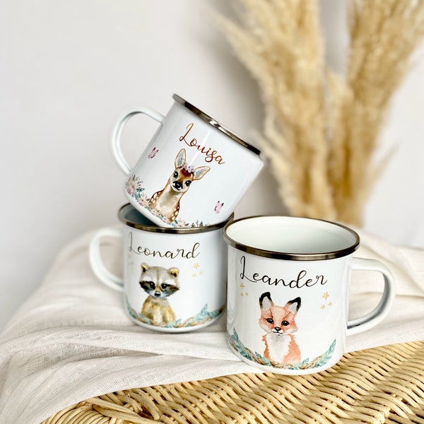 Kindertasse Personalisiert mit Namen Tasse Emaille Kinder Geschenk Tiere