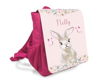 Boho Kinderrucksack Hase mit Namen personalisiert | rosa Häschen Kindergartenrucksack | Kita Rucksack Geschenk für Mädchen Kinder Tier