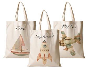 Bolsa de tela personalizada para niños, cohete, avión, bolsa de gimnasio, bolsa de yute, bolsa de yute, bolsa con nombre para cambio de ropa, fábrica con cariño