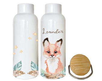 Personalisierte Trinkflasche Fuchs Name Kind Edelstahl Bambus Geschenk 500ml Thermosflasche Tiermotiv | 10 Motive zur Auswahl