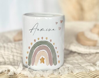 Spardose Regenbogen Personalisiert Mädchen Geschenk Kinderspardose Keramik Sparbüchse für Taschengeld Name Spardose