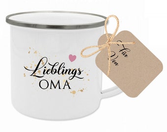 Geschenk für die Lieblings- Oma, Tasse aus Emaille mit Geschenkanhänger