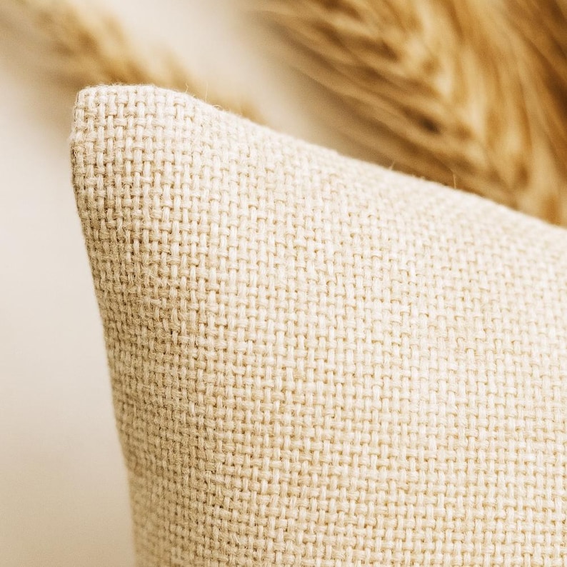 May include: Close-up of a beige linen pillow corner. The pillow has a woven texture and a neutral color. The background features blurred, dried wheat stalks.