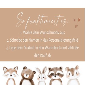May include: A tan-colored graphic with the text "So funktioniert es:" followed by numbered instructions in German. Below the text are illustrations of a fox, bear, rabbit, raccoon, and a mouse.