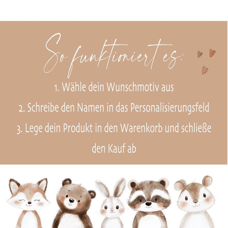 May include: A tan-colored graphic with the text "So funktioniert es:" followed by numbered instructions in German. Below the text are illustrations of a fox, bear, rabbit, raccoon, and a mouse.