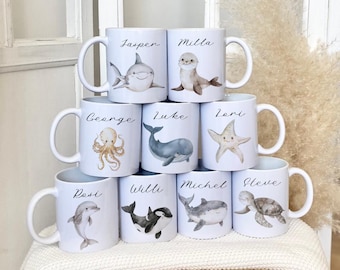 Personalized Children's Mug with Sea Animals, Name, Underwater Dolphin, Shark, Starfish, Seal, Octopus, Orca, Whale, Turtle, Lovingly Made