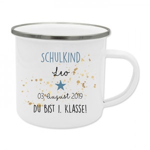 Einschulungsgeschenk Emaille Tasse personalisiert mit Namen und Datum des 1. Klässlers für Mädchen und Jungen, in Rosa und Blau Blau