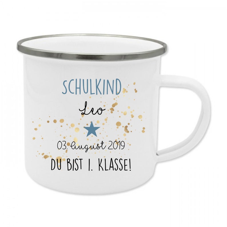 Einschulungsgeschenk Emaille Tasse personalisiert mit Namen und Datum des 1. Klässlers für Mädchen und Jungen, in Rosa und Blau Blau