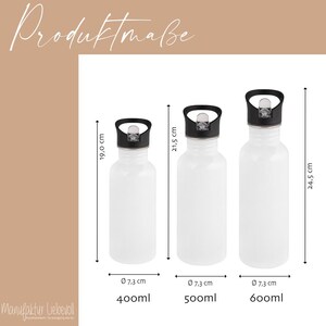 May include: Three white stainless steel water bottles with black lids and drinking spouts. The bottles are 400ml, 500ml, and 600ml. The bottles are shown against a light brown background.