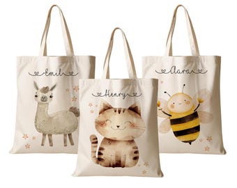 Bolsa de tela infantil personalizada, bolsa de gimnasio, bolsa con cordón, bolsa con nombre, bolsa de ropa de repuesto, diseño de llama, gato, abeja, animal, hecha a mano con amor.
