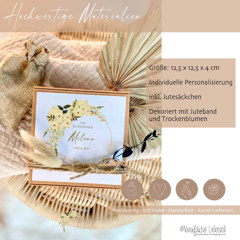 May include: A brown gift box with a white card inside. The card has a floral design and the text "Zur Jugendweihe Milena 6. Mai 2023". The box is decorated with a jute ribbon and dried flowers. The box is 12.5 inches by 12.5 inches by 4 inches.