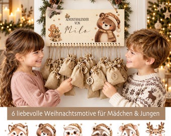 Personalisierter Adventskalender für Kinder aus Holz – mit Namen, 24 Säckchen & Tiermotiv