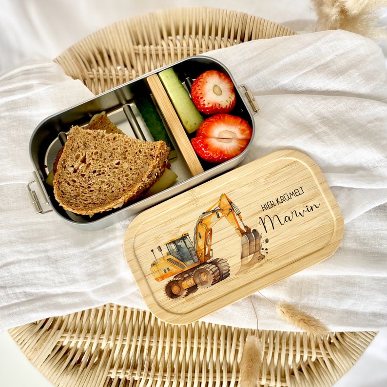 Brotdose Bagger Personalisiert Edelstahl Kindergarten Fahrzeug Kinder Lunchbox Brotdose Vesperdose Manufaktur Liebevoll Bild 9