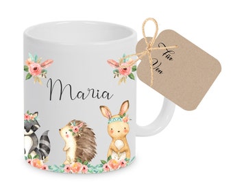 Kindertasse aus Keramik | Personalisierte Tasse für Kinder | Keramiktasse "Boho Tiere" mit dem Namen | Geschenk für Mädchen