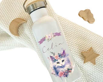 Personalized children's drinking bottle "Cat" name for girls teenagers stainless steel thermos bottle for daycare school 500ml | Manufactory Loving