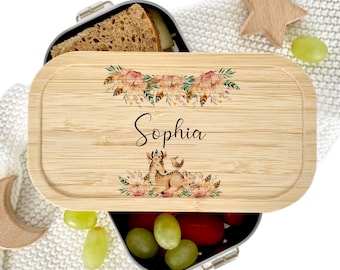 Manufaktur Liebevoll | Brotdose für Mädchen Edelstahl | Personalisiert mit Namen | Tiermotiv Rehkitz Boho | Lunchbox mit Bambusdeckel Kinder