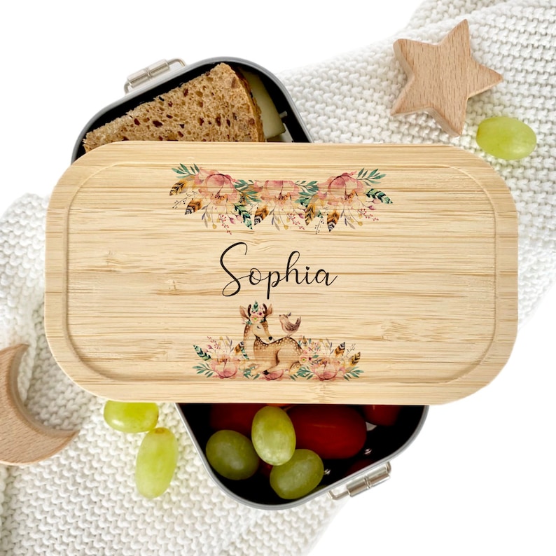 Manufaktur Liebevoll Brotdose für Mädchen Edelstahl Personalisiert mit Namen Tiermotiv Rehkitz Boho Lunchbox mit Bambusdeckel Kinder Bild 1