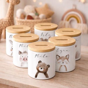 Tirelire personnalisée pour enfant avec prénom, en céramique avec couvercle en bambou, en forme d'animal, cadeau de naissance, de baptême ou d'anniversaire.