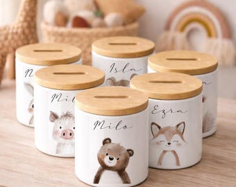 Personalisierte Spardose für Kinder mit Namen Keramik Spardose mit Bambusdeckel Tier Spardose Baby Kinder Geschenk Geburt Taufe & Geburtstag