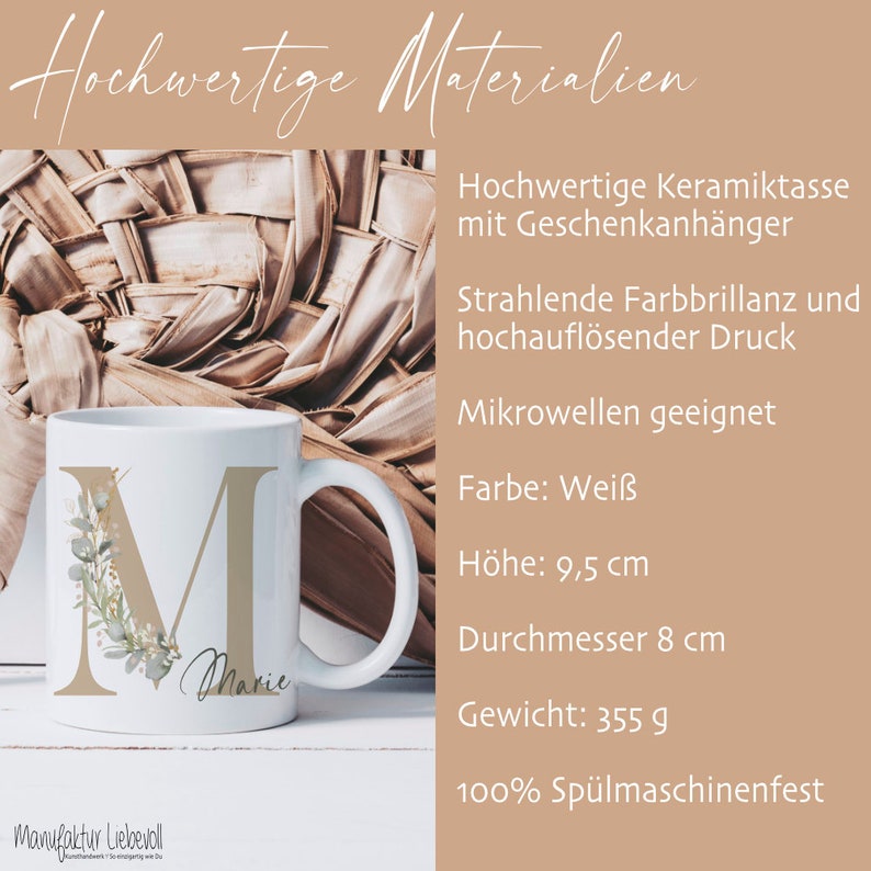 Puede incluir: Taza de cer&aacute;mica blanca con una letra M marr&oacute;n claro y la palabra "Marie" en cursiva. La taza est&aacute; decorada con un dise&ntilde;o floral verde y blanco. La taza mide 9,5 cm de alto y tiene un di&aacute;metro de 8 cm. Es apta para microondas y lavavajillas.