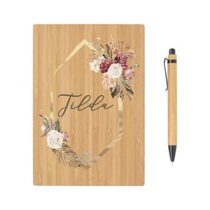 Floral Notebook Name Personalized Notes Bamboo Sustainable Saying Flowers Ballpoint Pen DIN A5