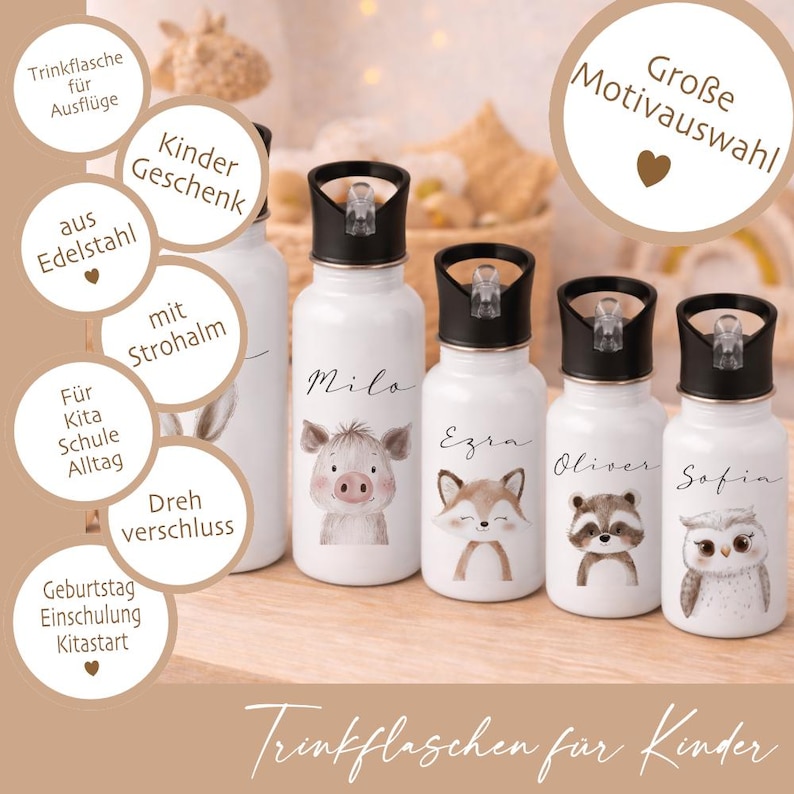 May include: White stainless steel water bottles with black lids, featuring animal illustrations and names. The bottles have a flip-top design and are labeled "Milo", "Ezra", "Oliver", and "Sofia". The text "Trinkflaschen f&uuml;r Kinder" is at the bottom.