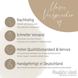 May include: A tan and white graphic with text in German. The text includes "Unser Versprechen" and details about sustainability, fast shipping, high quality, and handmade products. The logo for "Manufaktur Liebevoll" is also present.
