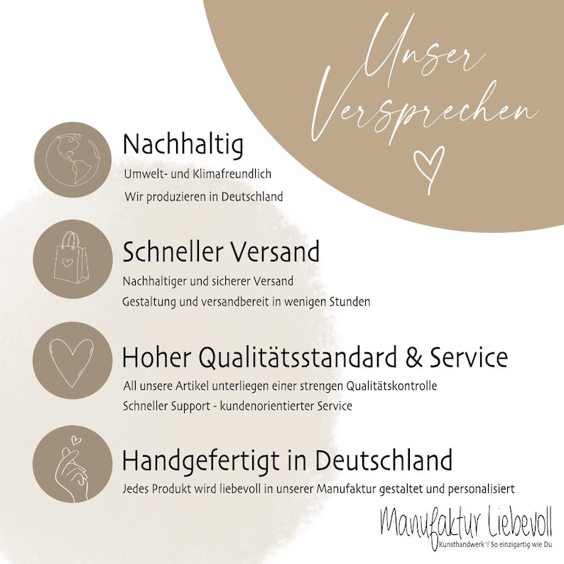 May include: A tan and white graphic with text in German. The text includes "Unser Versprechen" and details about sustainability, fast shipping, high quality, and handmade products. The logo for "Manufaktur Liebevoll" is also present.