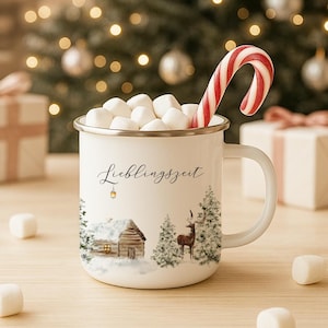 Emaille Tasse Weihnachten, Winter Becher mit Hirsch & Hütte, Geschenkidee Lieblingszeit, Weihnachtsgeschenk Tasse, Advent Tasse Geschenk